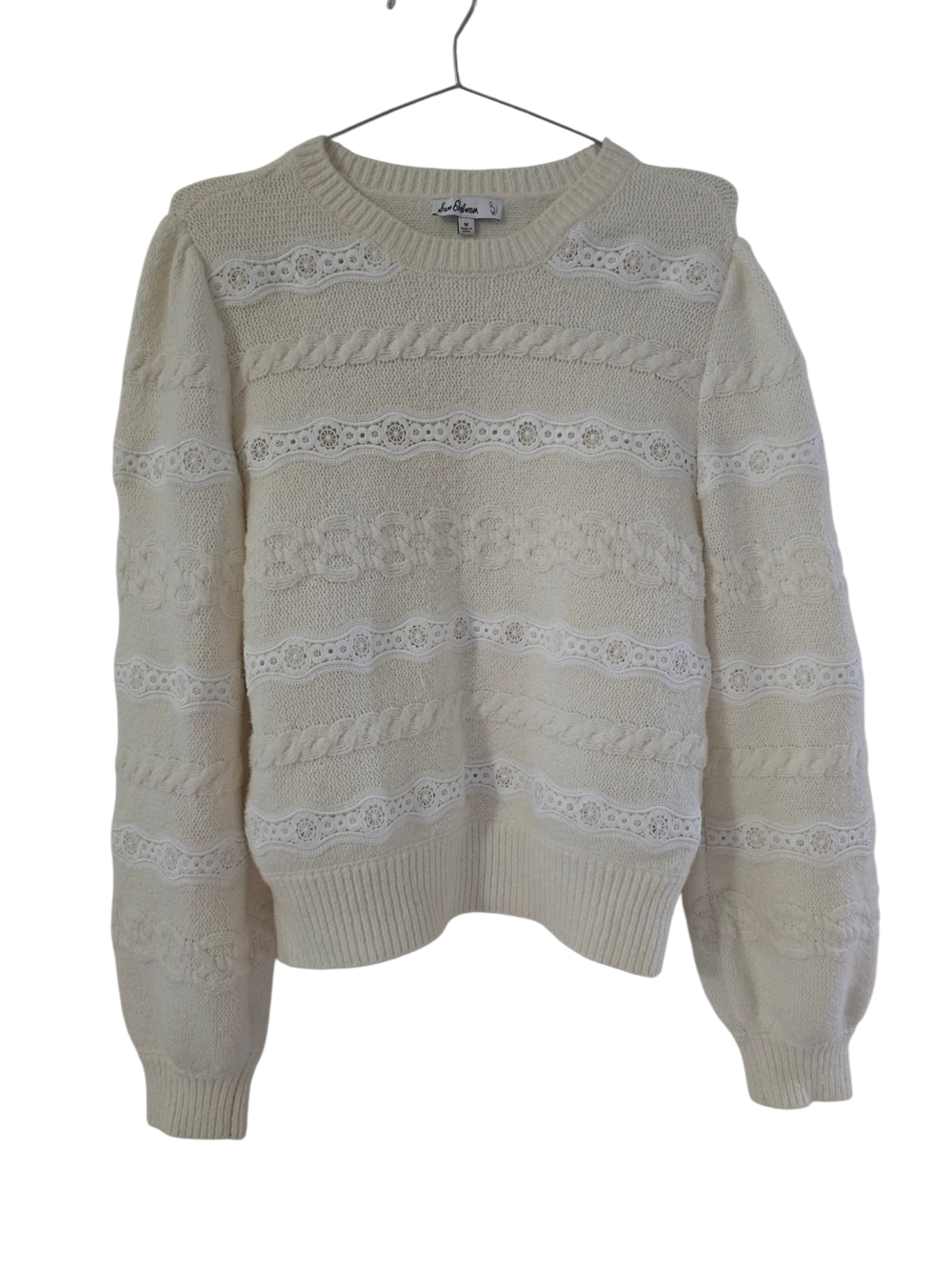 Sam Edelman Cream Lace-Detail Cable Knit Crew Sweater